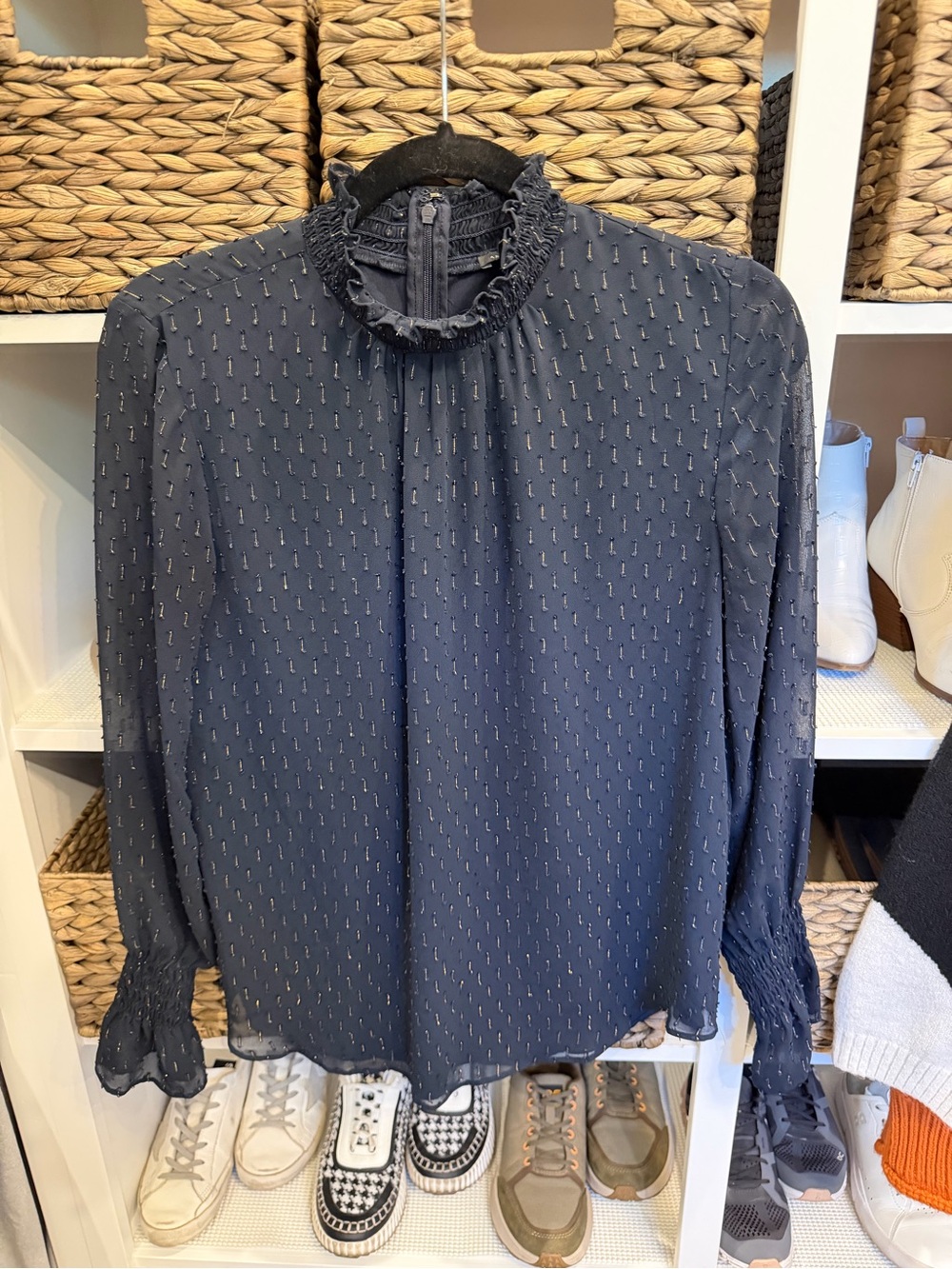 Ann Taylor Navy Ruffle Mock-Neck Blouse